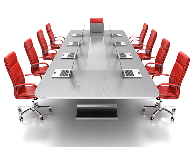 Metal boardroom table with 9 red chairs