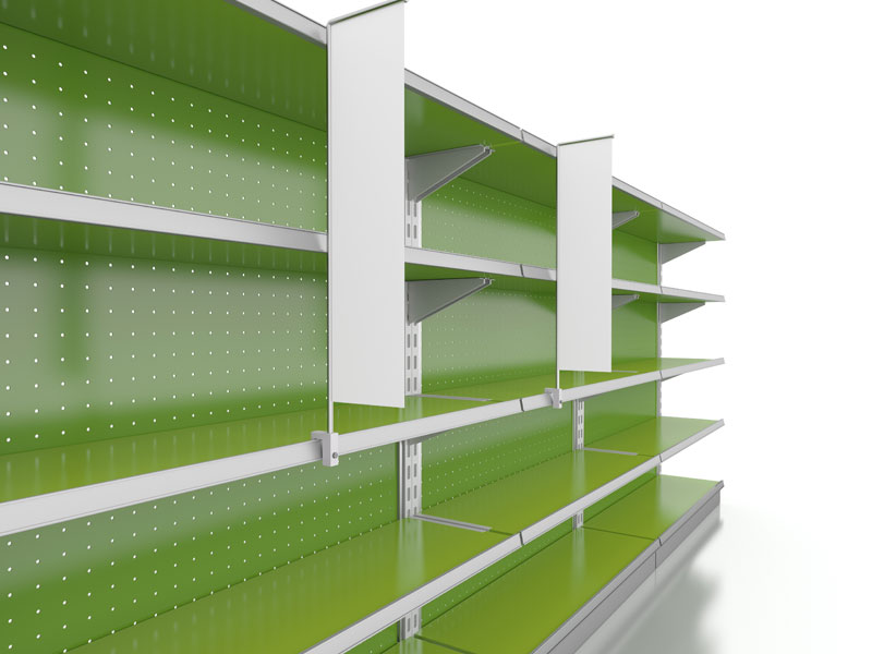 Empty lime green industrial shelving unit